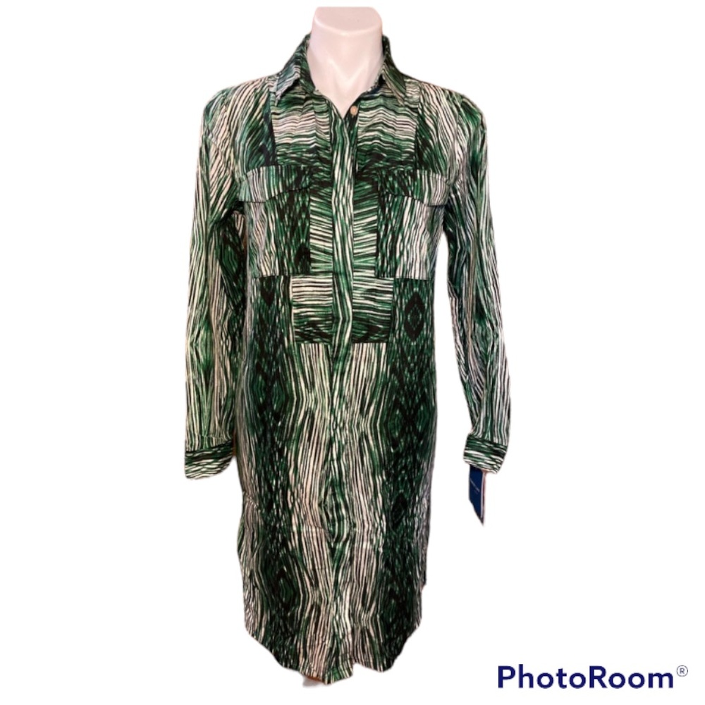 Derek Lam nation green black striped button up shirt dress NWT Sz Small